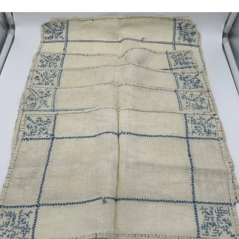 Vtg Set Ivory Blue Hand Embroidered Farmhouse Kitchen Placemat 5 Napkins Linens